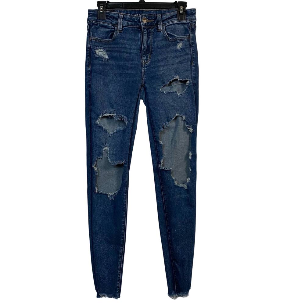 American Eagle Destroyed Blue Cotton Stretch Denim Hi Rise Jegging Jeans Size 6
